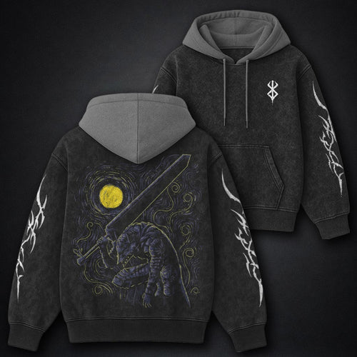 Berserk Minimal Black and Gray Washed Hoodie