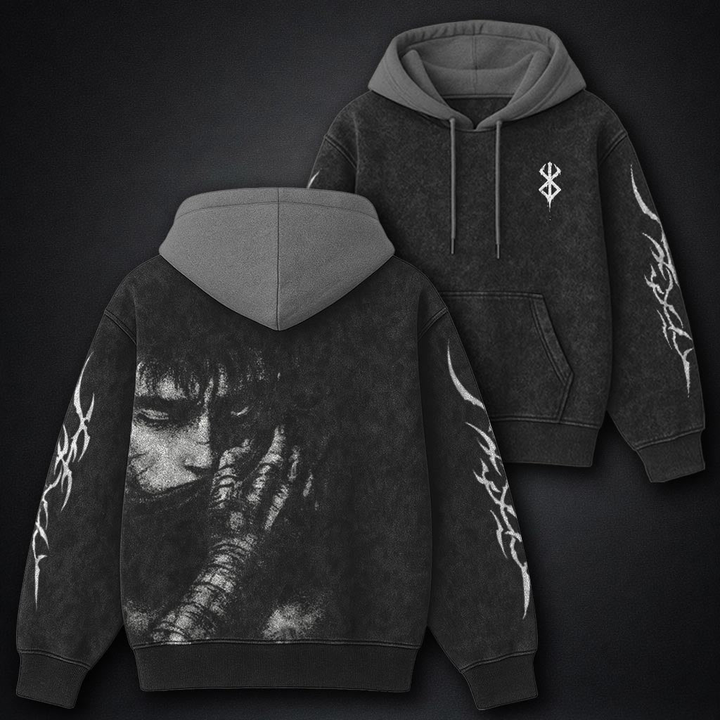 Berserk Bold Black and Gray Washed Hoodie