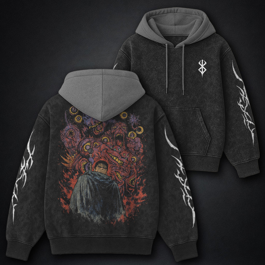 Berserk Layered Black and Gray Washed Hoodie