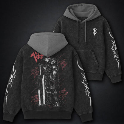 Berserk French-terry Black and Gray Washed Hoodie