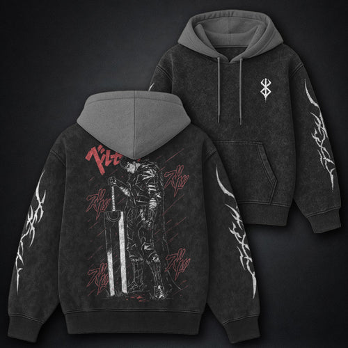 Berserk French-terry Black and Gray Washed Hoodie