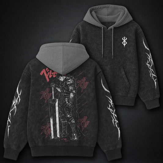 Berserk French-terry Black and Gray Washed Hoodie
