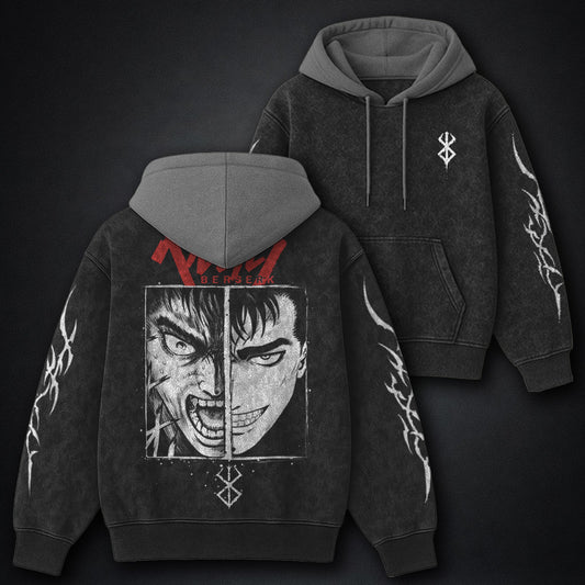 Berserk Ribbed Black and Gray Washed Hoodie