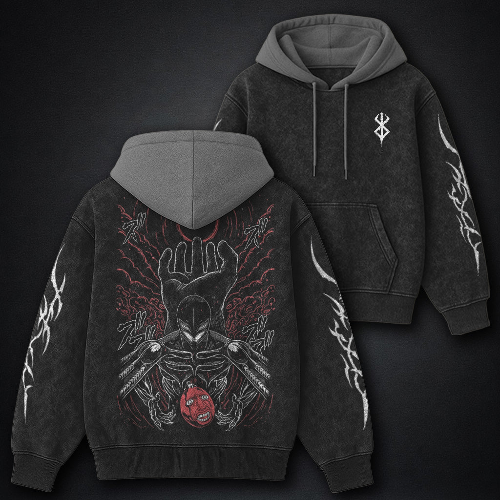 Berserk Trendy Black and Gray Washed Hoodie