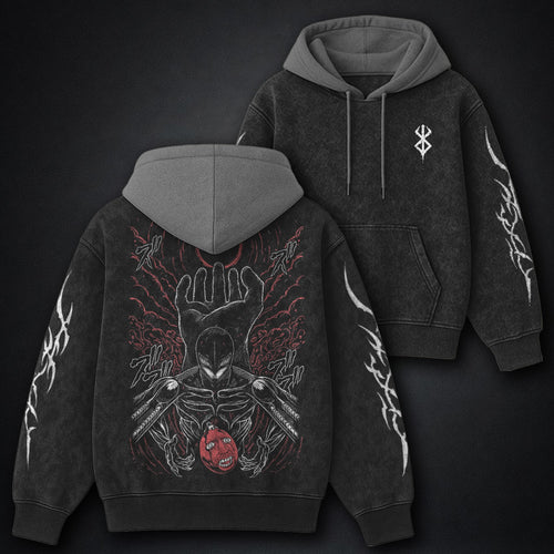 Berserk Trendy Black and Gray Washed Hoodie