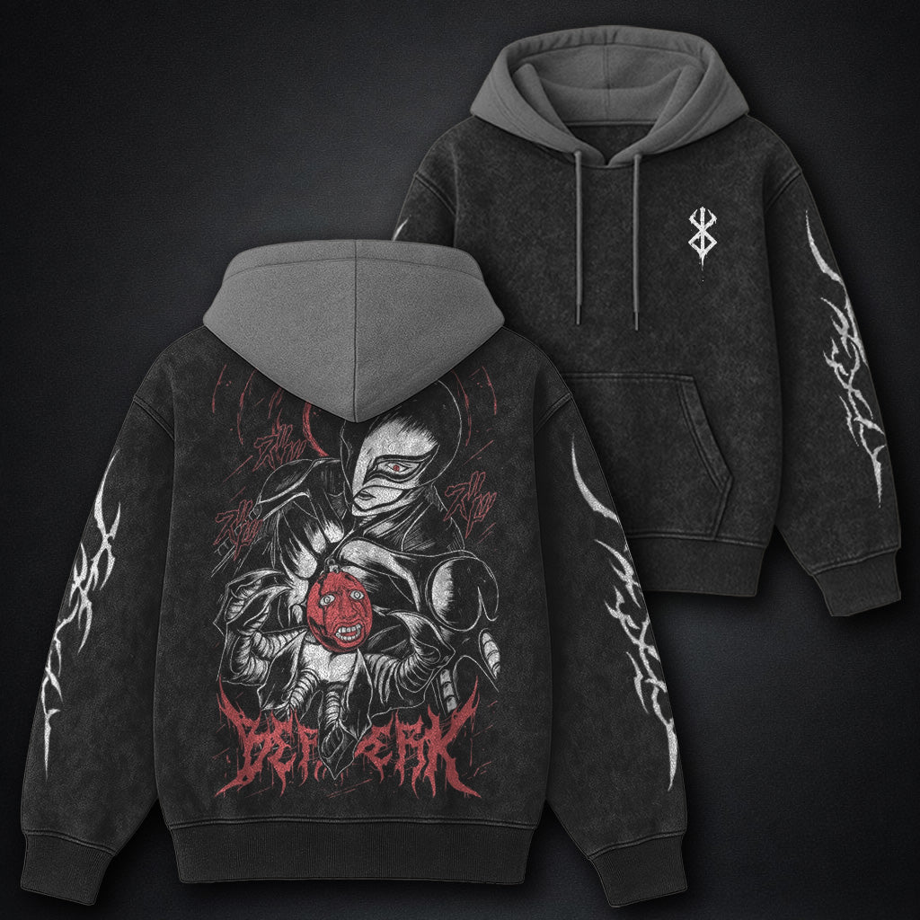 Berserk Printed Black and Gray Washed Hoodie