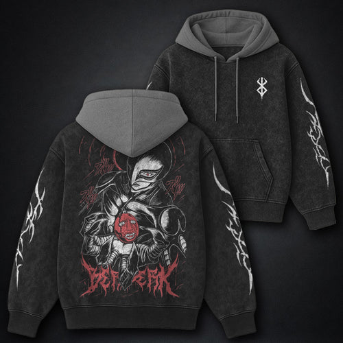Berserk Printed Black and Gray Washed Hoodie