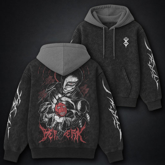 Berserk Printed Black and Gray Washed Hoodie