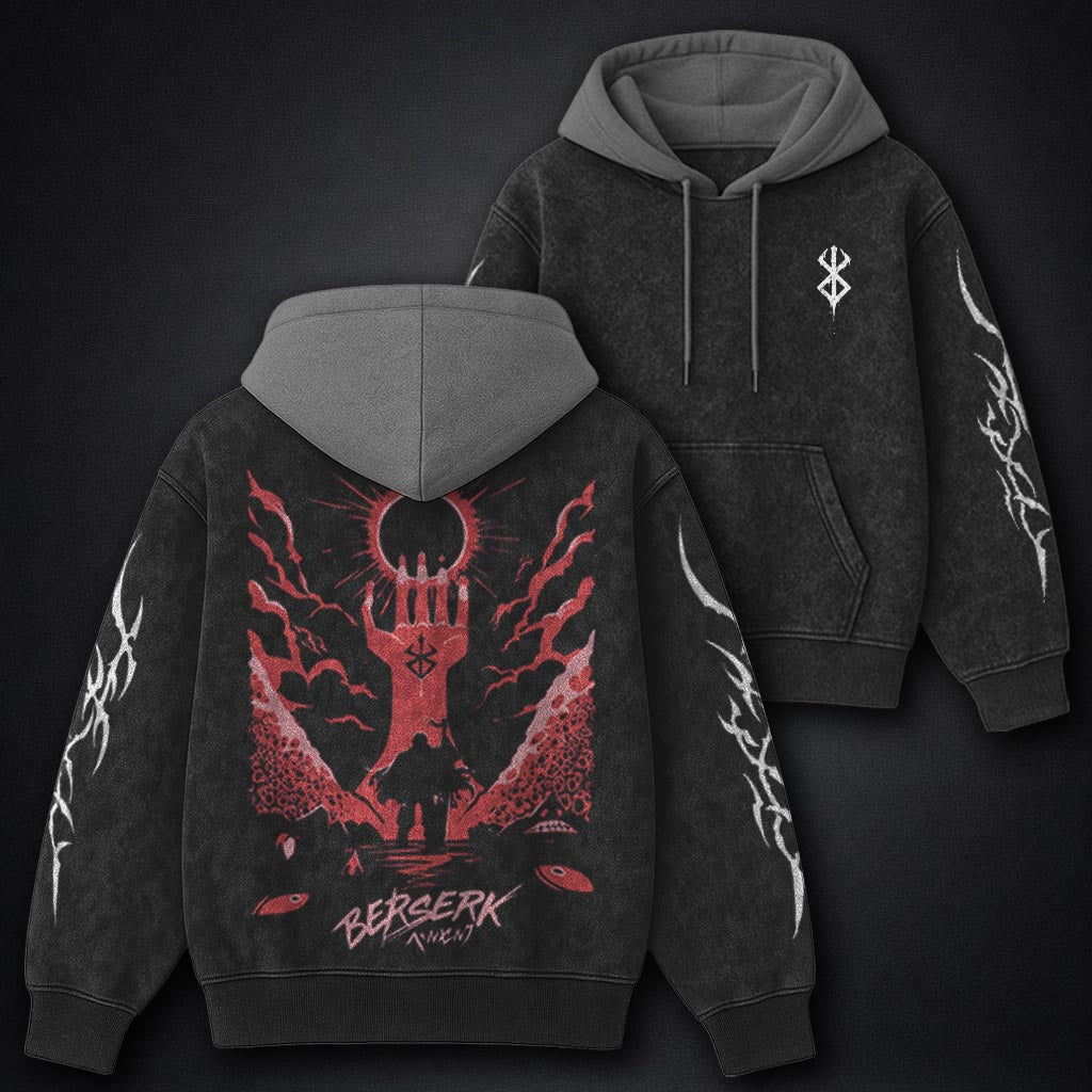 Berserk Relaxed Black and Gray Washed Hoodie