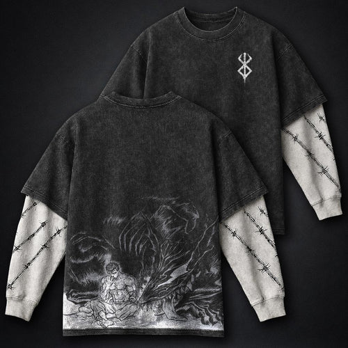 Berserk Distressed Double Sleeves Washed T-Shirt