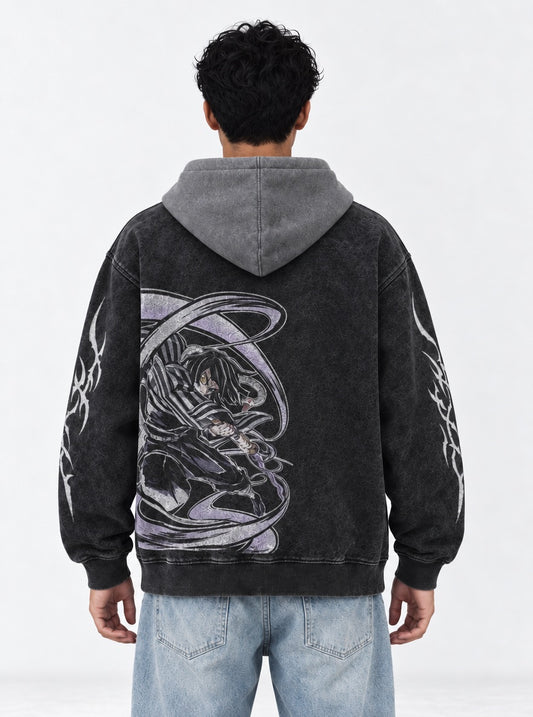 Demon Slayer Classic Black and Gray Washed Hoodie on model, back view