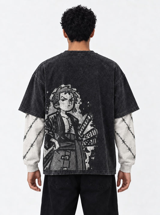 One Piece Classic Double Sleeves Washed T-Shirt on model, back view
