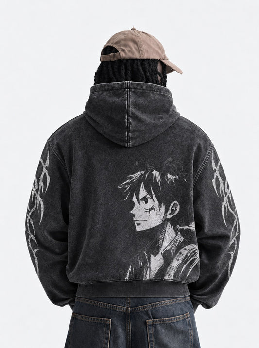 One Piece Clean Washed Hoodie on model, back view
