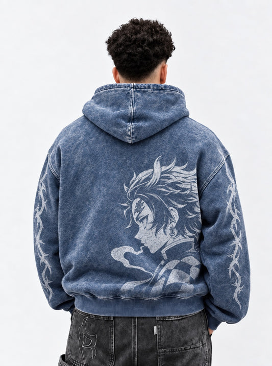 Demon Slayer Cool Blue Faded Hoodie on model, back view
