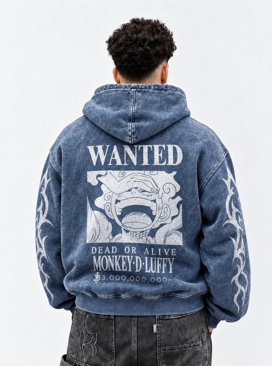 One Piece Luffy Blue Faded Hoodie on model, back view