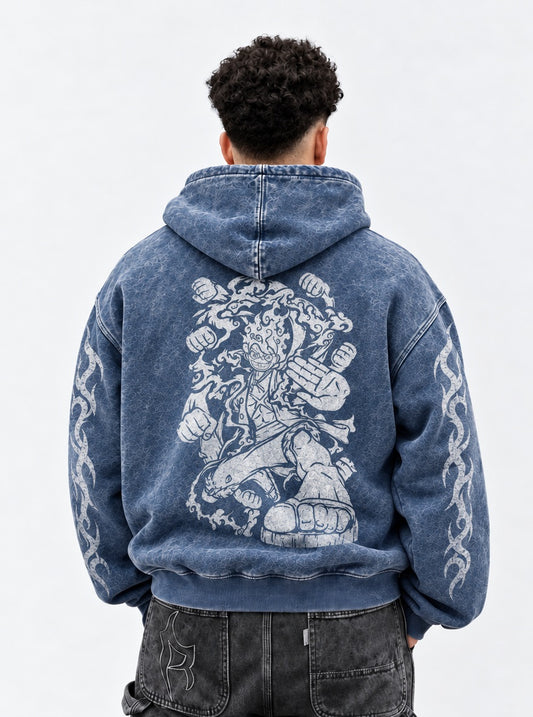 One Piece Oversized Blue Faded Hoodie on model, back view