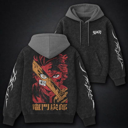 Demon Slayer Durable Black and Gray Washed Hoodie