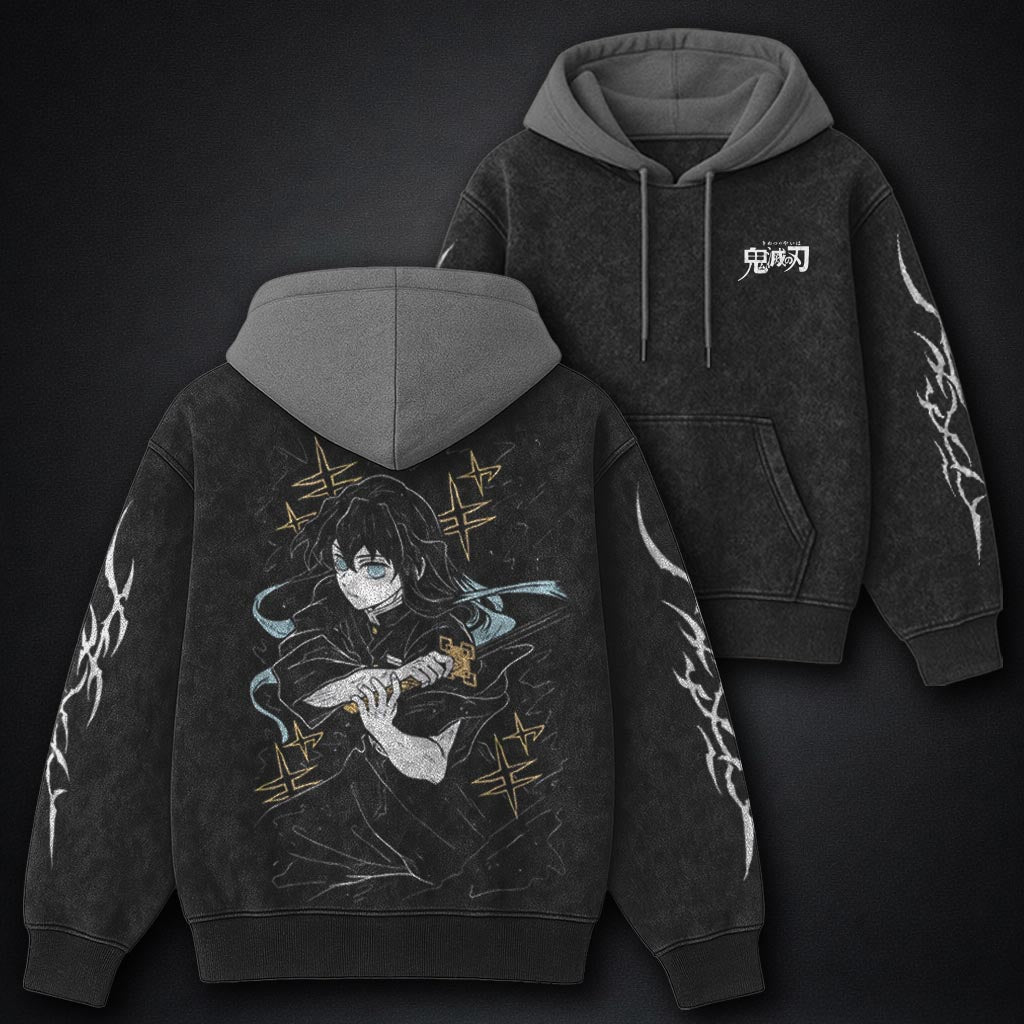 Demon Slayer Faded Black and Gray Washed Hoodie