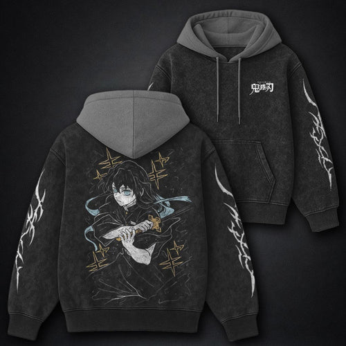 Demon Slayer Faded Black and Gray Washed Hoodie
