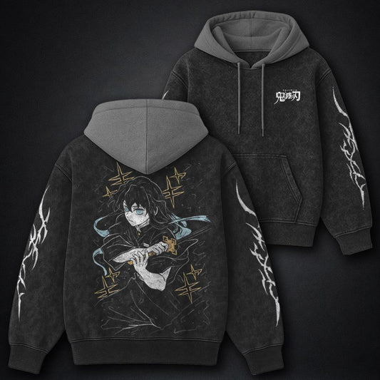 Demon Slayer Faded Black and Gray Washed Hoodie