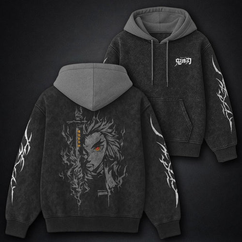 Demon Slayer Relaxed Black and Gray Washed Hoodie