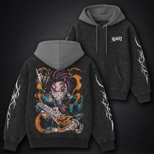 Demon Slayer Streetwear Black and Gray Washed Hoodie