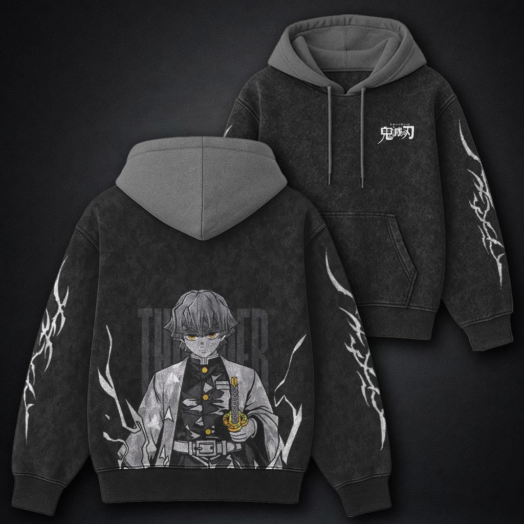 Demon Slayer Structured Black and Gray Washed Hoodie