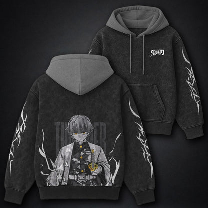 Demon Slayer Structured Black and Gray Washed Hoodie