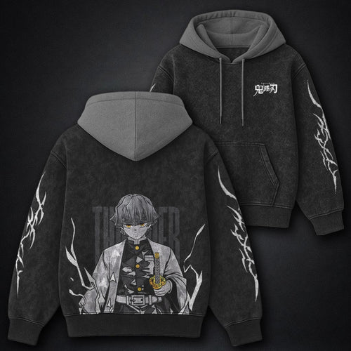 Demon Slayer Structured Black and Gray Washed Hoodie