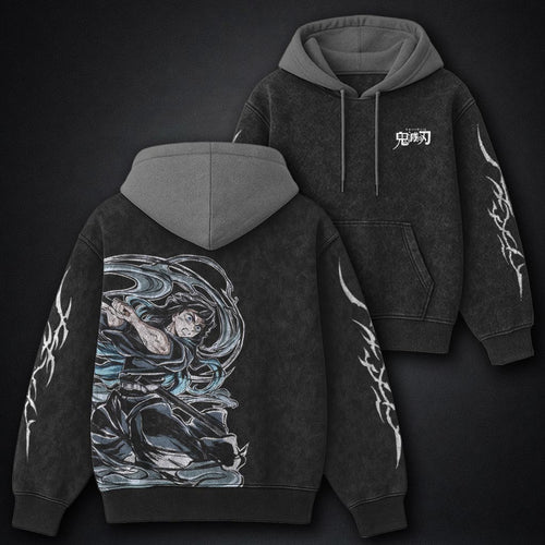 Demon Slayer Tailored Black and Gray Washed Hoodie