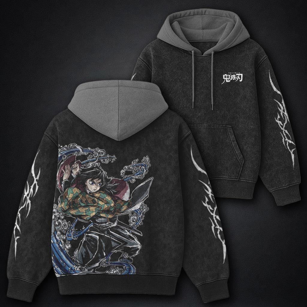 Demon Slayer Textured Black and Gray Washed Hoodie