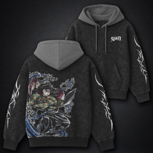 Demon Slayer Textured Black and Gray Washed Hoodie