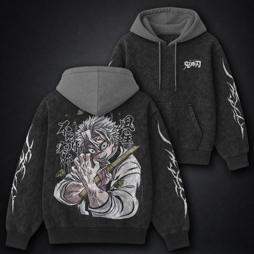 Demon Slayer Refined Black and Gray Washed Hoodie