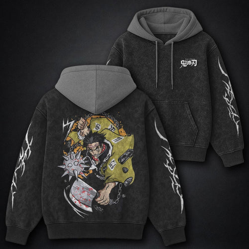 Demon Slayer Cropped Black and Gray Washed Hoodie