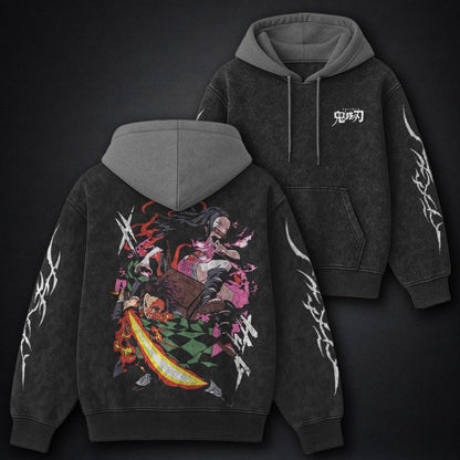 Demon Slayer Boxy Black and Gray Washed Hoodie