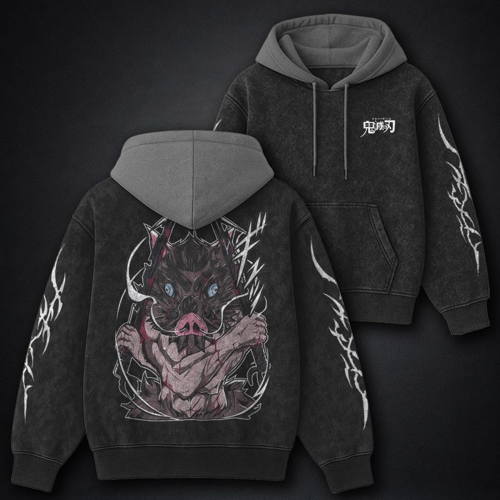 Demon Slayer High Quality Black and Gray Washed Hoodie