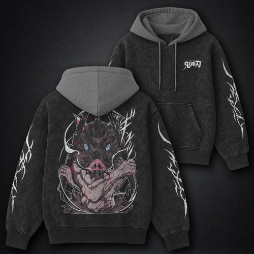 Demon Slayer High Quality Black and Gray Washed Hoodie