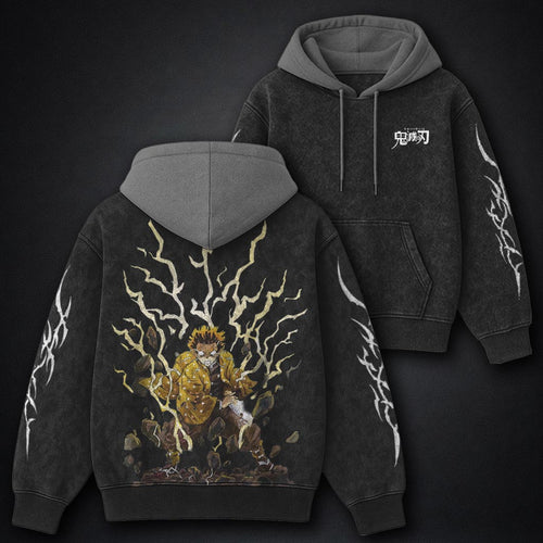 Demon Slayer Fitted Black and Gray Washed Hoodie