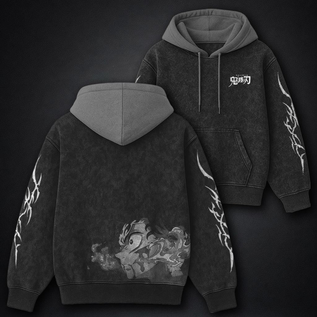 Demon Slayer Minimal Black and Gray Washed Hoodie
