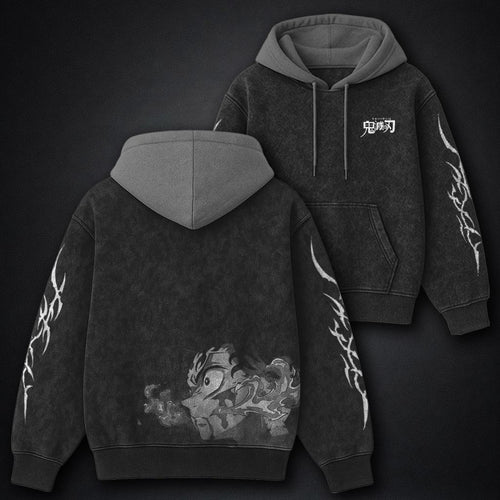 Demon Slayer Minimal Black and Gray Washed Hoodie
