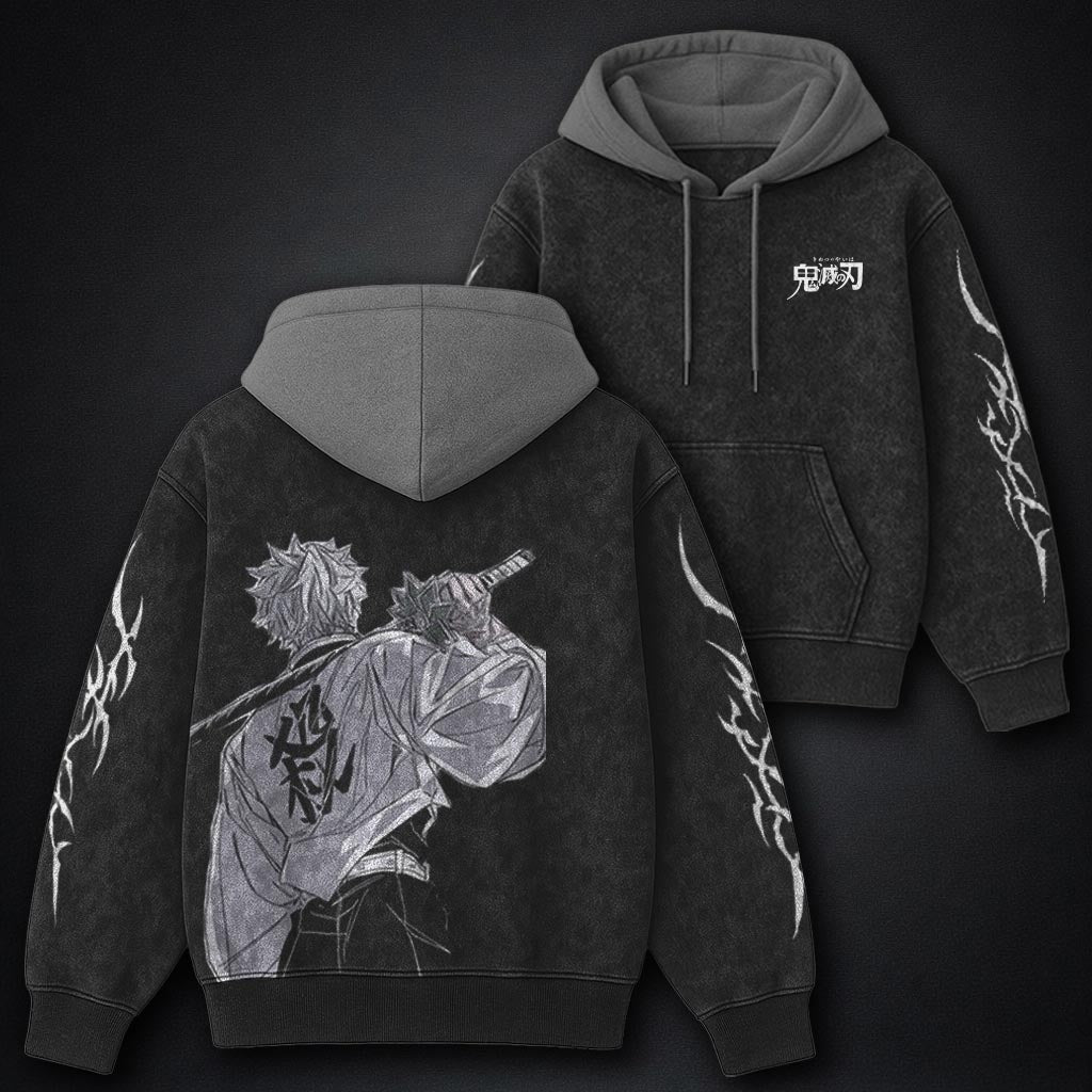 Demon Slayer Heavyweight Black and Gray Washed Hoodie