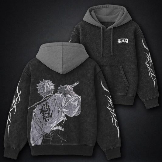 Demon Slayer Heavyweight Black and Gray Washed Hoodie