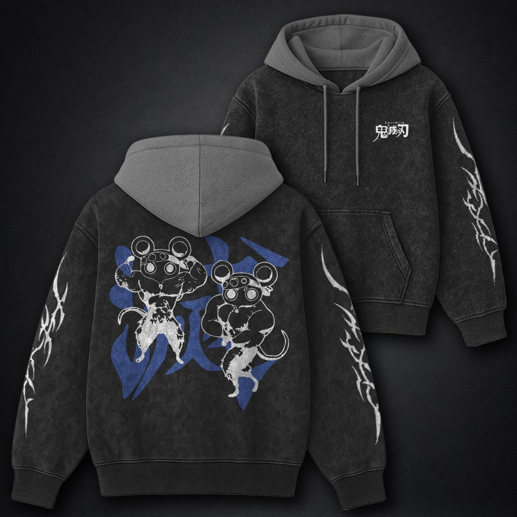 Demon Slayer Breathable Black and Gray Washed Hoodie