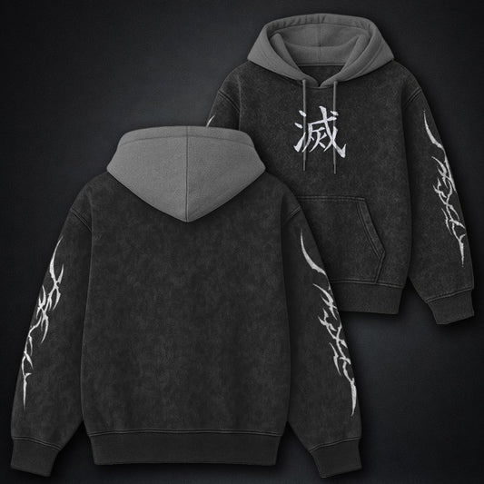 Demon Slayer Statement Black and Gray Washed Hoodie