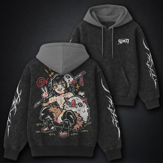 Demon Slayer All-season Black and Gray Washed Hoodie