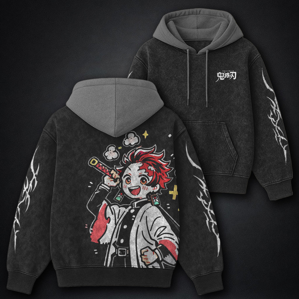 Demon Slayer Layered Black and Gray Washed Hoodie