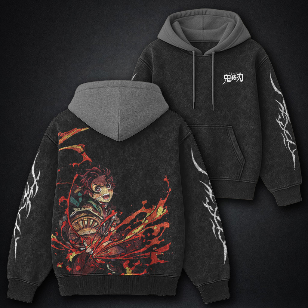 Demon Slayer Graphic Black and Gray Washed Hoodie
