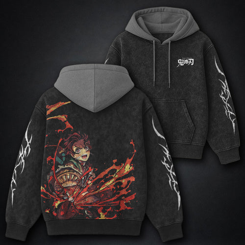Demon Slayer Graphic Black and Gray Washed Hoodie
