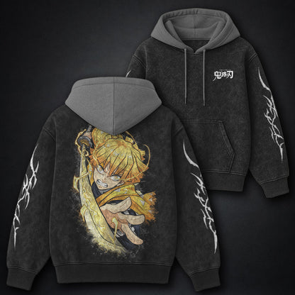 Demon Slayer Thermal Black and Gray Washed Hoodie