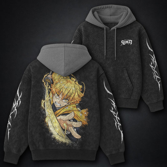 Demon Slayer Thermal Black and Gray Washed Hoodie